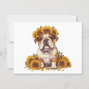 Cartão Postal Inglês Bulddog Sunflower Crown