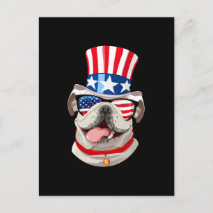Cartão Postal Inglês Bulldog American Flag Hat 4 de julho Dog