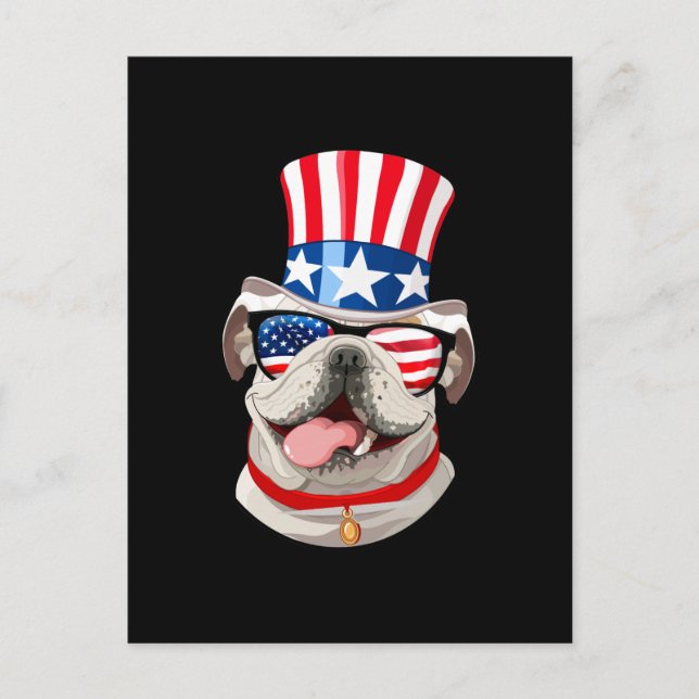 Cartão Postal Inglês Bulldog American Flag Hat 4 de julho Dog (Frente)
