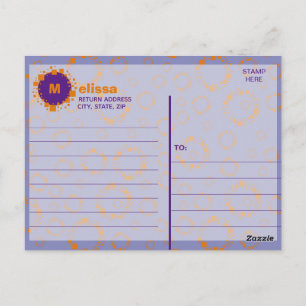 Cartão Postal Iniciais de Monograma Laranja Roxo Quadrados Círcu