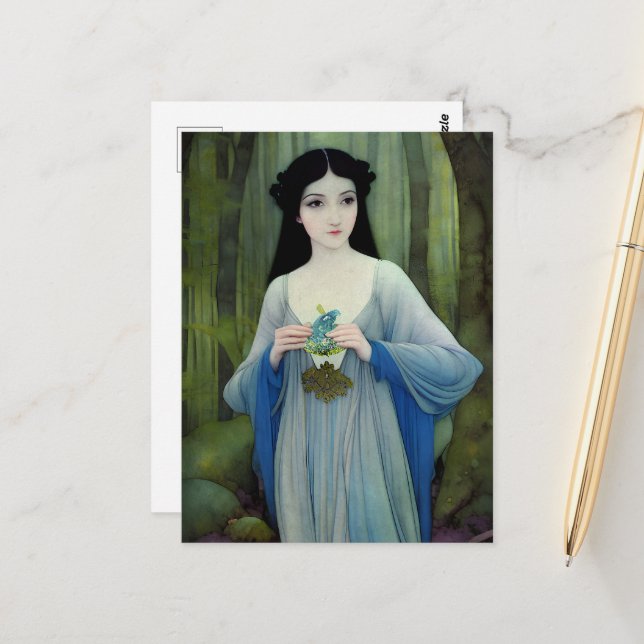Cartão Postal Ink Wash Ilustração de Linda Mulher em Florestas (Frente/Verso In Situ)