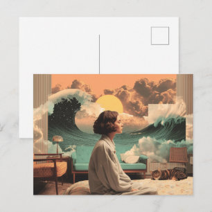 Cartão Postal Interior Surrealista com Mulher e Gato
