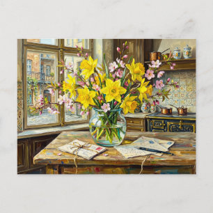 Cartão Postal Interiores de Janela com Flores de Narciso