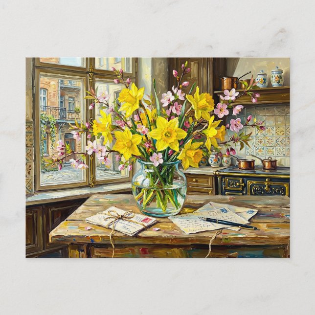 Cartão Postal Interiores de Janela com Flores de Narciso (Frente)