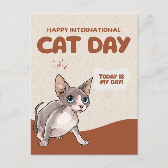 Cartão Postal International Cat Day Sphynx Celebration Art (Frente)