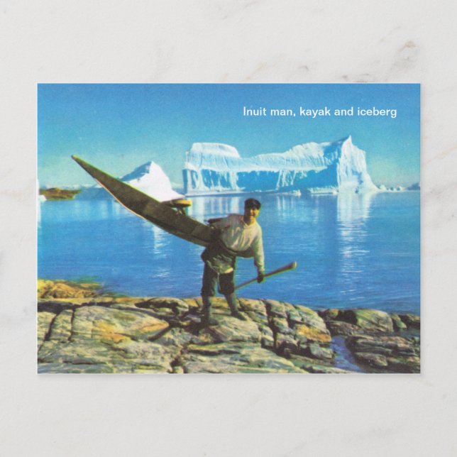 Cartão Postal Inuit man com kayak e iceberg (Frente)