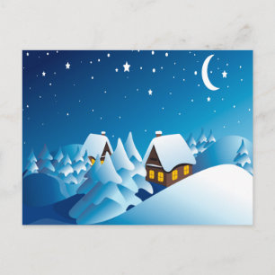 Cartão Postal Inverno, Casa, Noite, Lua e Estrelas