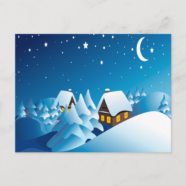 Cartão Postal Inverno, Casa, Noite, Lua e Estrelas (Frente)
