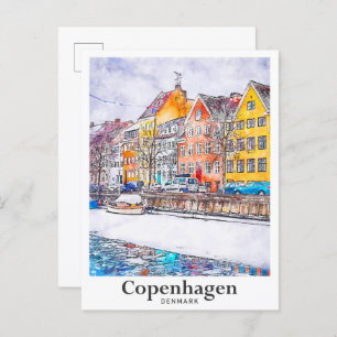 Cartão Postal Inverno Copenhaga Dinamarca Desenho Da Mão De Aqua
