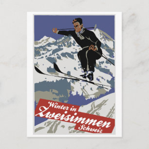 Cartão Postal Inverno em Zweisimmen vintage ski viagem ad