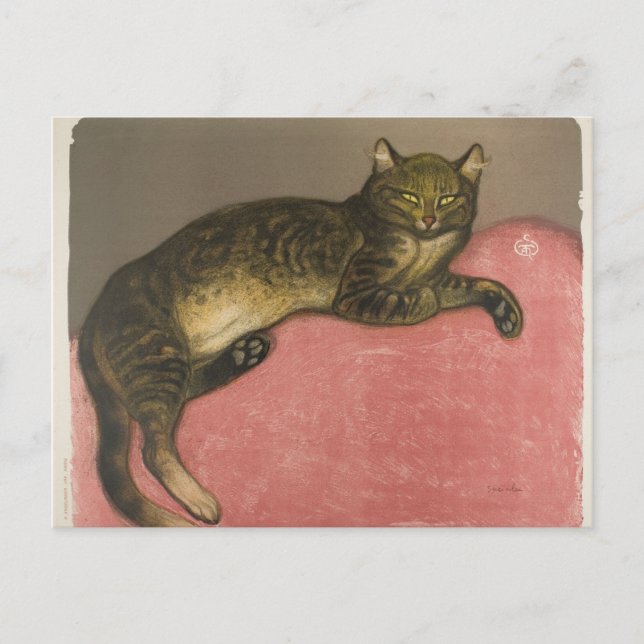 Cartão Postal Inverno: Gato em uma almofada, R. Steinlen (Frente)