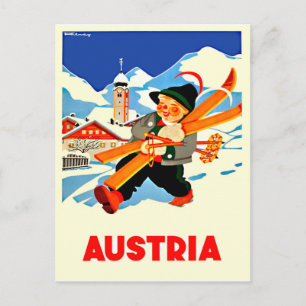 Cartão Postal Inverno na Áustria. Feliz homem vai esquiar