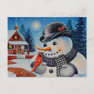 Cartão Postal Inverno Snowman & Red Cardinomo Bird Watercolor Ar