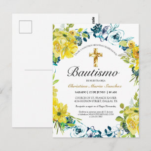 Cartão Postal Invitación floral amarilla hermosa del bautismo d