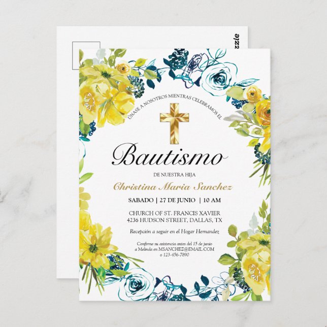Cartão Postal Invitación floral amarilla hermosa del bautismo de (Frente/Verso)