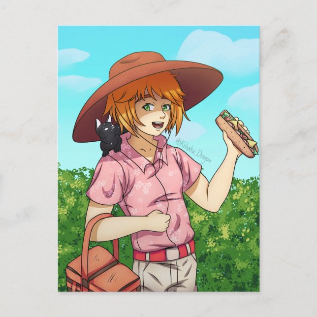 Cartão Postal Ir a um piquenique com um gato (Frente)