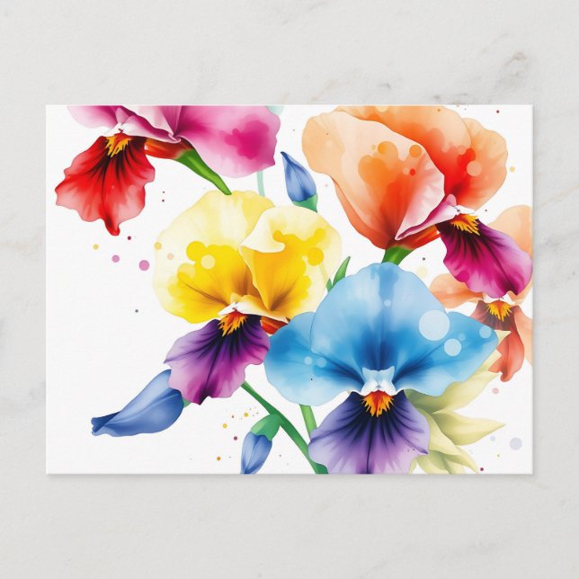 Cartão Postal Iris Blooms Elegantes com Watercolor Splatter (Frente)