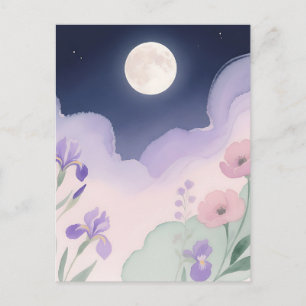 Cartão Postal Íris Floral Noturna aquarela Lua Cheia