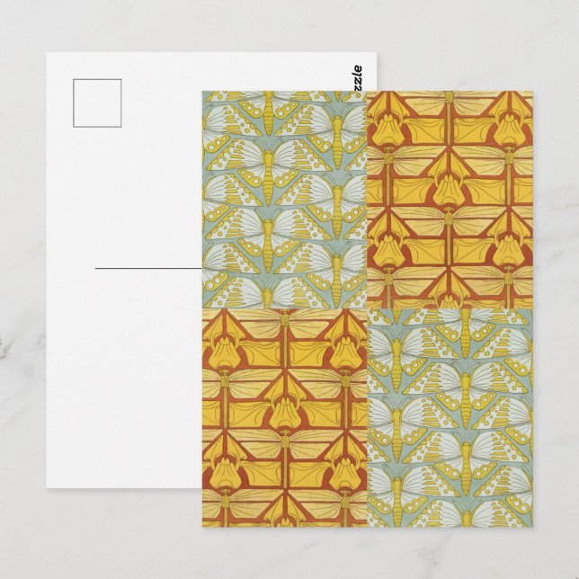 Cartão Postal Irisa Dragonflies Butterflies Art Nouveau (Frente/Verso)