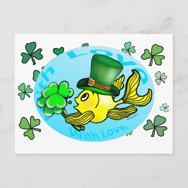 Cartão Postal IRISH LUCH GOLDFISH vestindo chapéu e xamrochas bo (Frente)