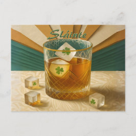 Cartão Postal Irish Whiskey Tumbler Shamrock Ice "Sláinte!"