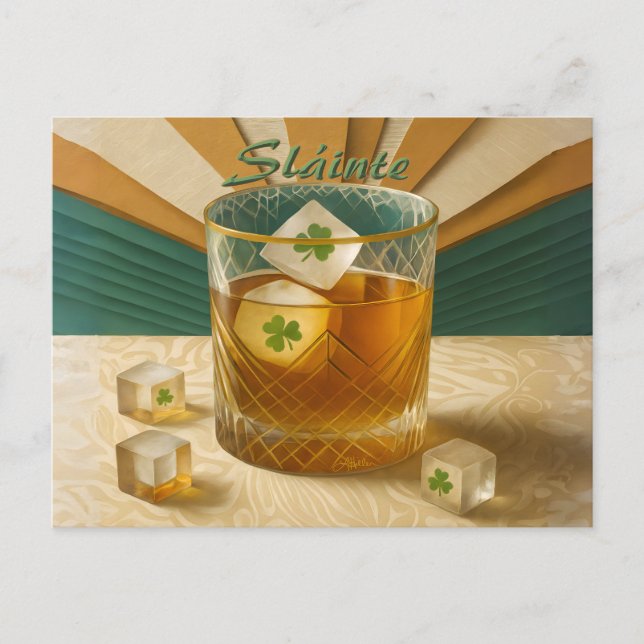Cartão Postal Irish Whiskey Tumbler Shamrock Ice "Sláinte!" (Frente)