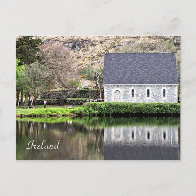 Cartão Postal Irlanda, Igreja, Muro de Pedra, Lago, Fotografia (Frente)