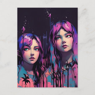 Cartão Postal Irmãs Com Cabelo Roxo