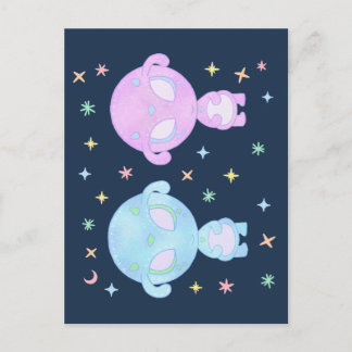 Cartão Postal Irmãs Gêmeas Alien Pastel | Arte Kawaii Cósmica Fo