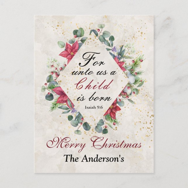 Cartão Postal Isaiah 9:6 Para nós uma criança é nascer, Natal (Frente)
