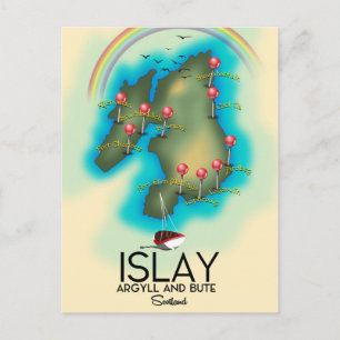Cartão Postal Islay, Hébridas Internas, mapa da Escócia, arte de