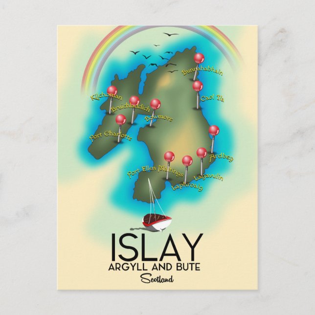 Cartão Postal Islay, Hébridas Internas, mapa da Escócia, arte de (Frente)