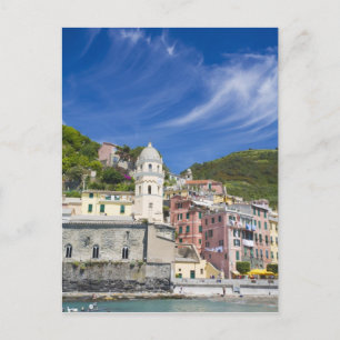 Cartão Postal Itália, Cinque Terre, Vernazza, Porto e Igreja