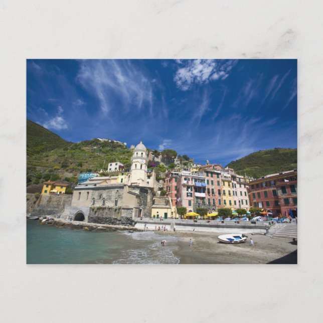 Cartão Postal Itália, Cinque Terre, Vernazza, Porto e Igreja 2 (Frente)