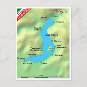 Cartão Postal Itália - Lombardia - Lago Iseo - Mapa -