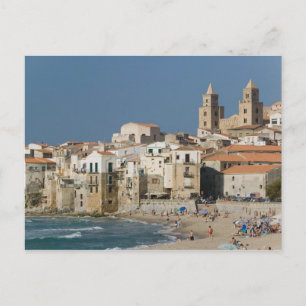 Cartão Postal Itália, Sicília, Cefalu, Cidade View com Duomo d