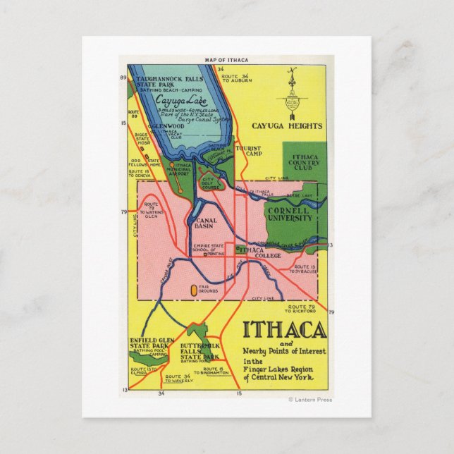 Cartão Postal Ithaca e pontos de interesse próximos (Frente)
