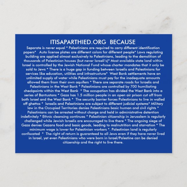 CARTÃO POSTAL ITISAPARTHEID.ORG BECASUE (Frente)