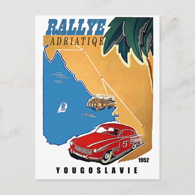 Cartão Postal Iugoslávia, comício Adriático, carro clássico, vin (Frente)