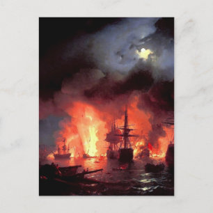 Cartão Postal Ivan Aivazovsky - Batalha de Cesme na Noite