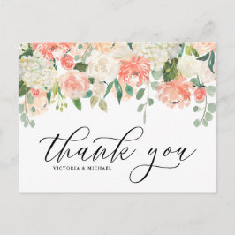 Cartão Postal Ivory Peach Peony e Hydrangea Casamento Obrigado