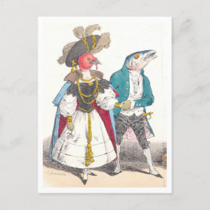 Cartão Postal J.J. Grandville Ilustração de Pássaro e Peixe