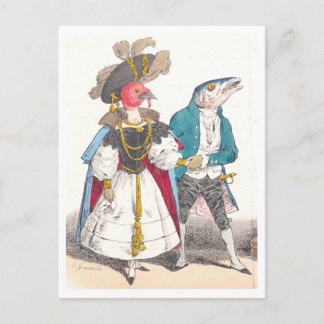Cartão Postal J.J. Grandville Ilustração de Pássaro e Peixe (Frente)