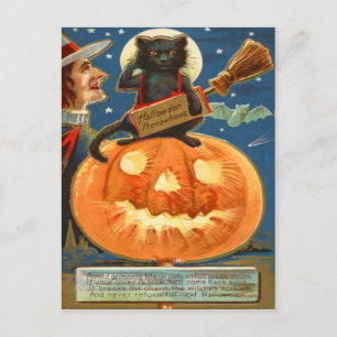 Cartão Postal Jack O Lantern Black Cat Witch Bat
