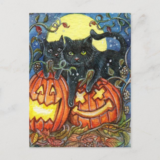 Cartão Postal Jack-O'-Lantern e Gatos Pretos (Frente)