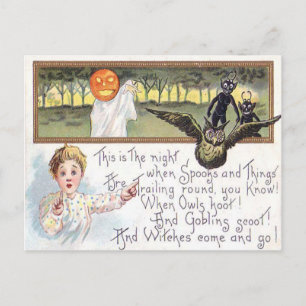 Cartão Postal Jack O' Lantern Pumpkin Ghost Owl Goblin