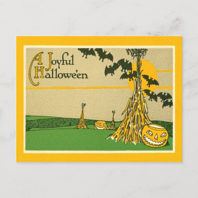 Cartão Postal Jack O' Lantern Pumpkin Haystack Bat (Frente)
