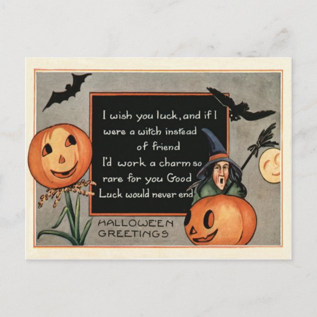 Cartão Postal Jack O Lantern Pumpkin Witch Bat Owl (Frente)