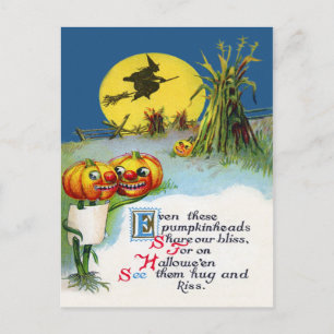 Cartão Postal Jack O Lantern Pumpkin Witch Full Moon Haystack