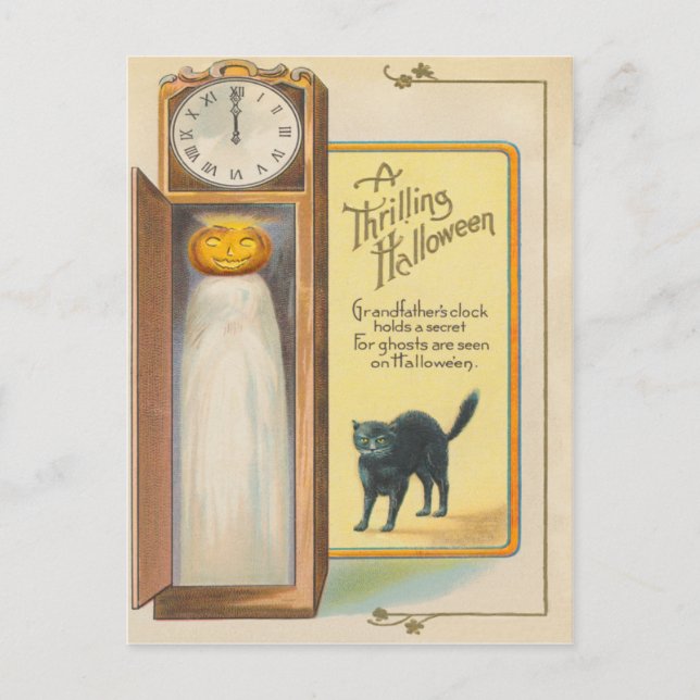 Cartão Postal Jack O Lanterna Ghost Black Cat Avô Clock (Frente)